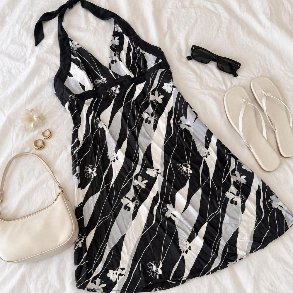 Y2k halter dress Black white and silver silky mini dress